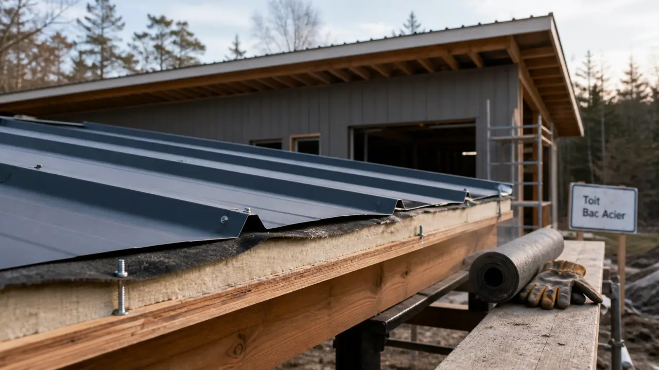 Toit bac acier : coupe avec isolation et feutre anti-condensation