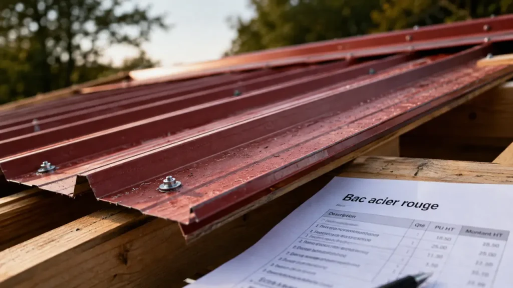 Bac acier rouge : tôle nervurée, épaisseur, pente et finition