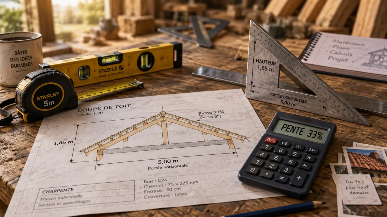 Calcul pente toit avec 2 mesures pour obtenir le pourcentage
