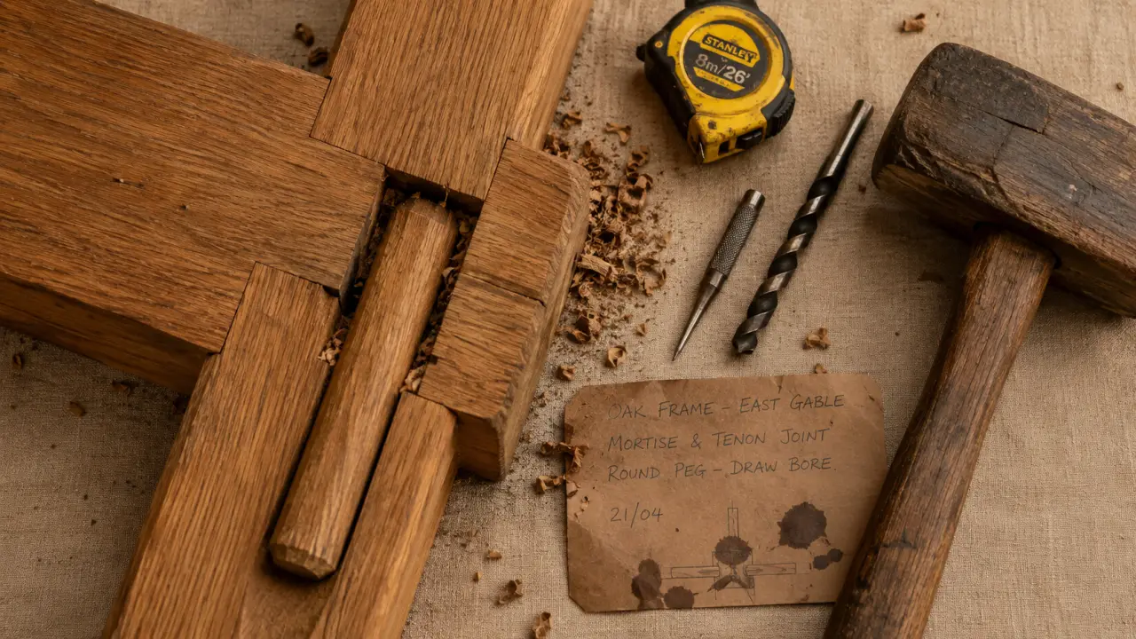 Cheville bois charpente dans assemblage tenon-mortaise en chêne