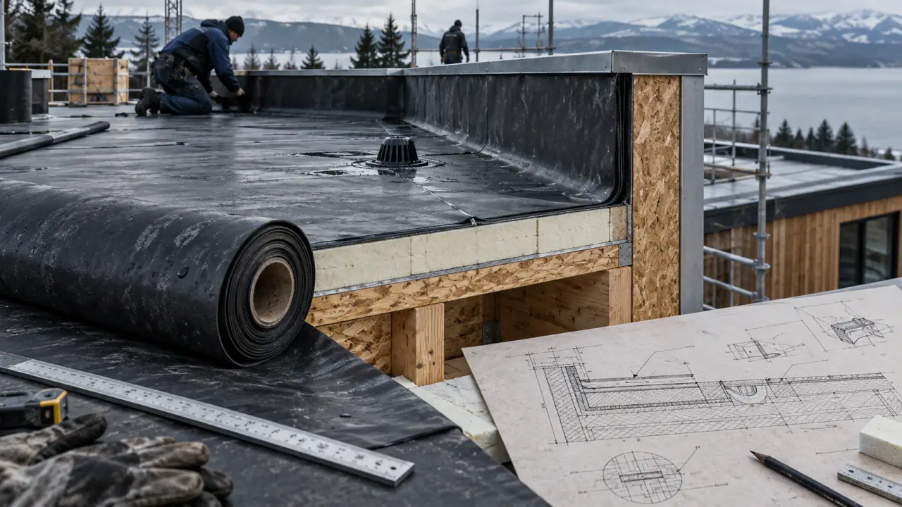 Construction d une toiture plate : membrane d’étanchéité relevée sur acrotère