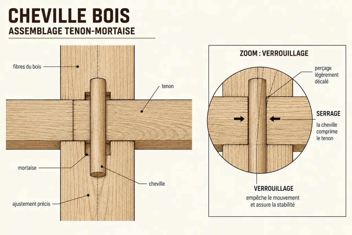 Cheville bois charpente dans un assemblage tenon-mortaise en schéma simplifié