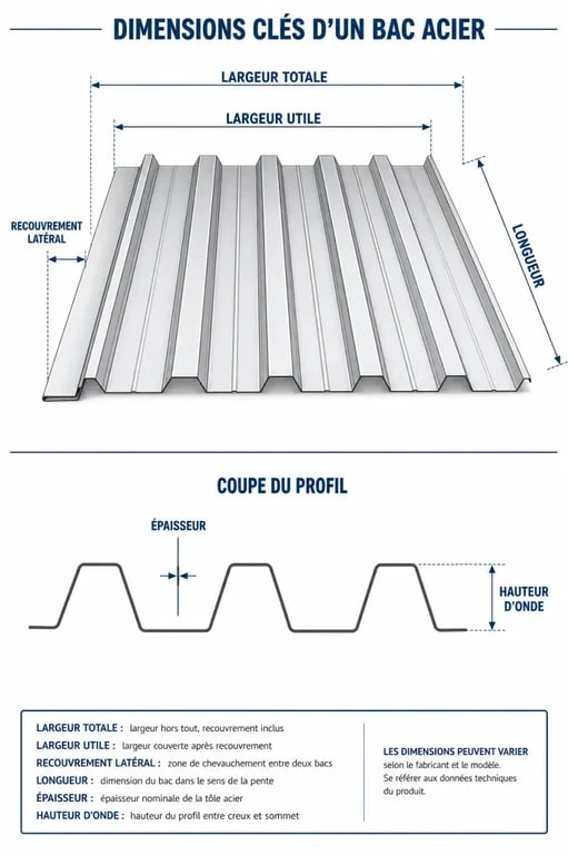 Bac acier dimension : largeur utile, recouvrement et longueur expliqués visuellement