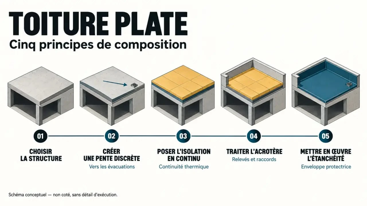 Construction d’une toiture plate : structure, pente, isolation, évacuation des eaux et étanchéité