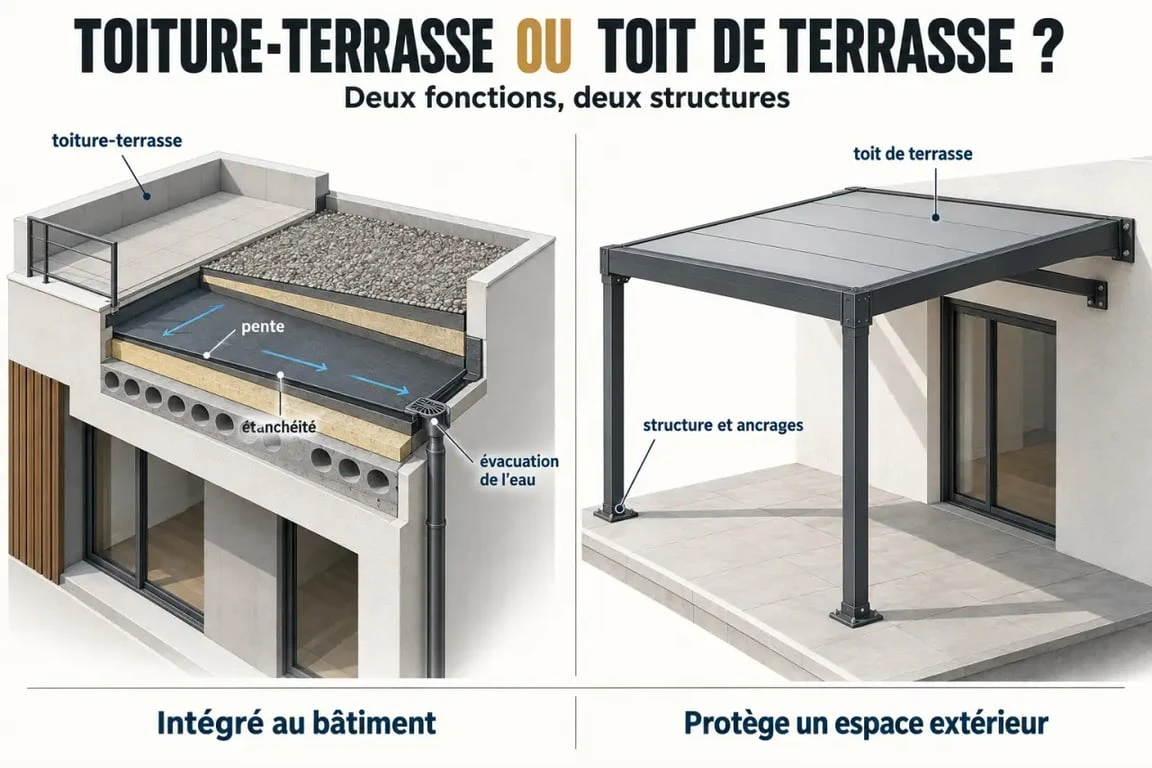 Infographie comparative sur le toit terrasse, la toiture-terrasse et l’évacuation de l’eau