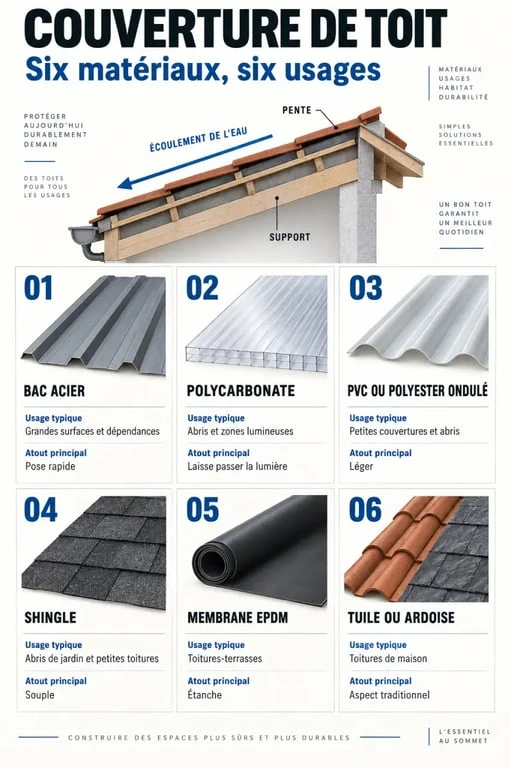 Infographie comparative des matériaux de couverture du toit et de leurs usages
