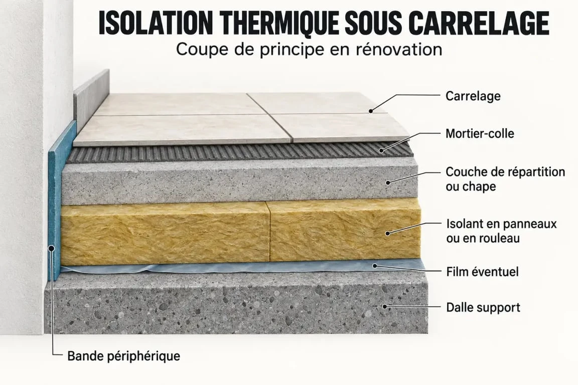 Schéma en coupe de l’isolation thermique sous carrelage avec isolant, chape et revêtement
