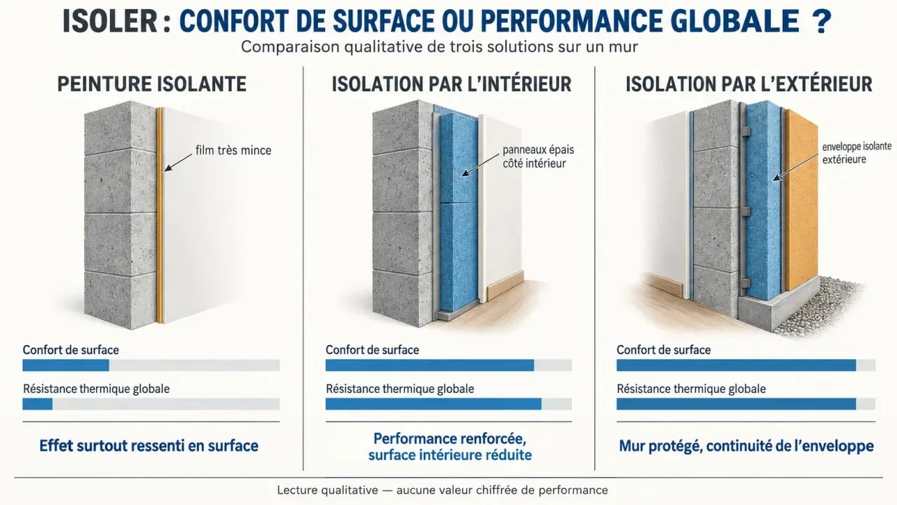 Peinture pour isolation thermique comparée à l’isolation par l’intérieur et par l’extérieur
