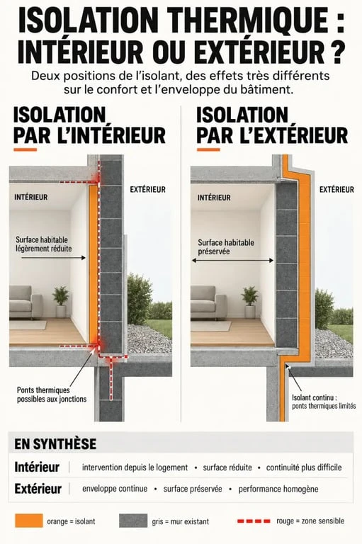 Infographie sur l’isolation thermique intérieur comparée à l’isolation par l’extérieur
