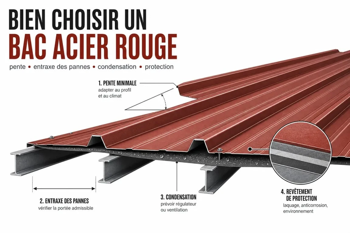 Critères de choix d’un bac acier rouge selon la pente, la charpente et la condensation