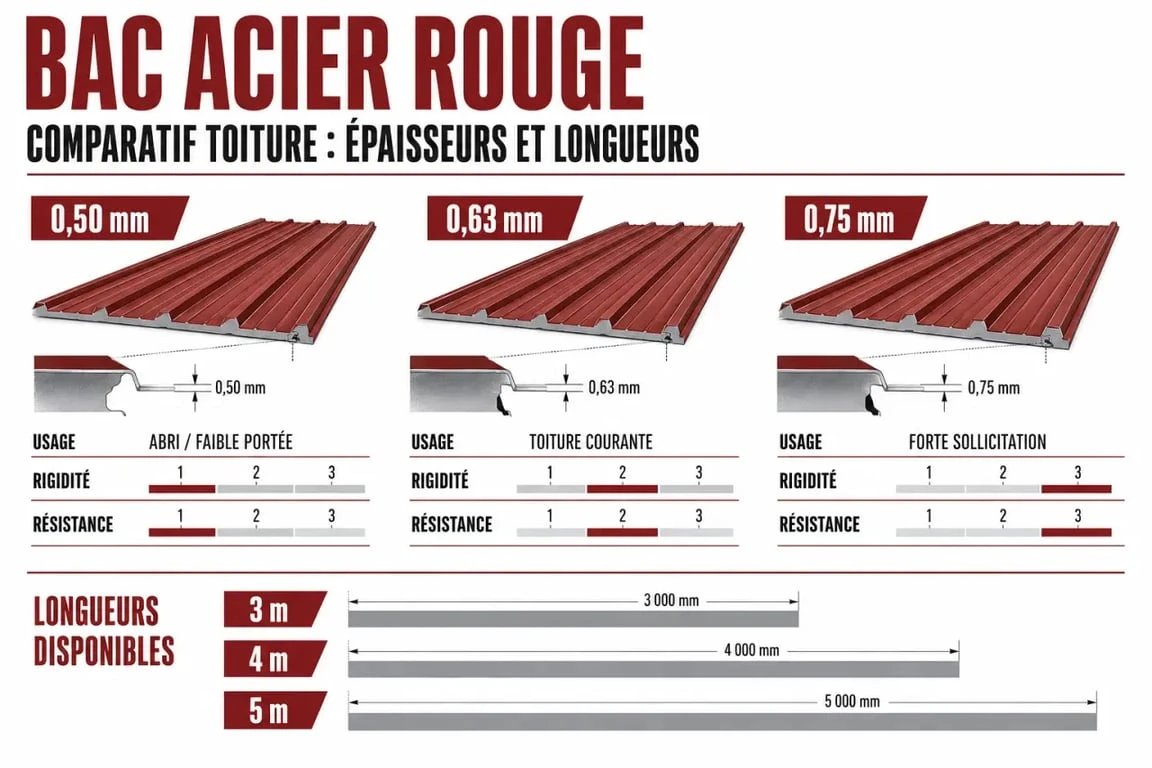 Comparatif des épaisseurs et longueurs de bac acier rouge pour toiture