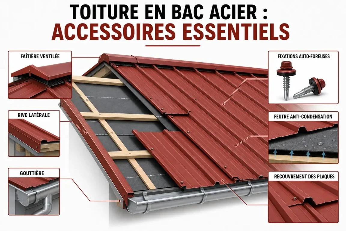 Pose et accessoires d’un bac acier rouge sur toiture avec faîtière, rives et fixations