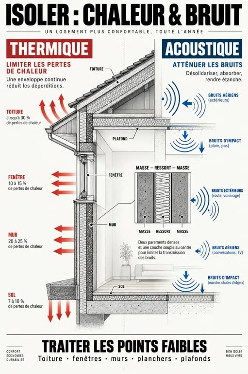 Schéma de l’isolation thermique et phonique d’un logement avec murs, toiture, fenêtres et plancher