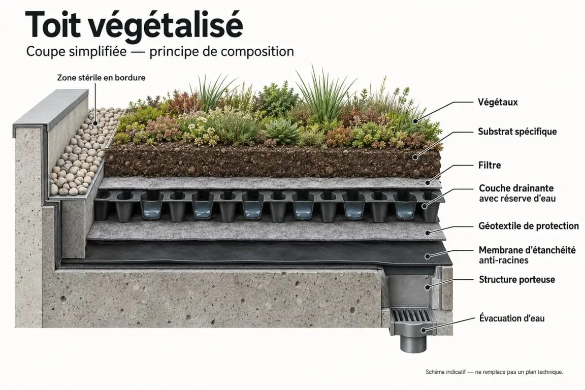 Schéma des couches d’un toit végétalisé avec drainage, substrat et végétation