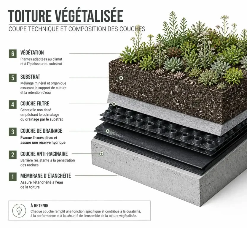 Schéma en coupe d'un toit végétal expliquant les couches techniques