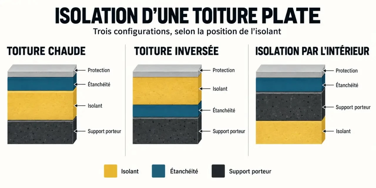 Infographie sur l’isolation d’une toiture plate : toiture chaude, toiture inversée et isolation par l’intérieur