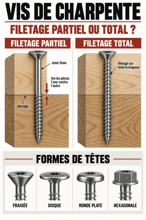 Infographie sur les vis bois de charpente, les types de têtes et le filetage partiel