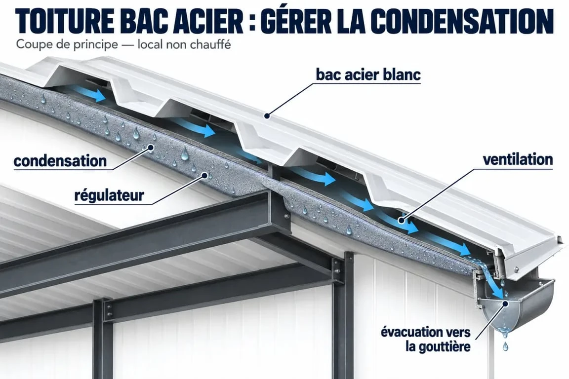 Infographie technique sur la condensation sous une toiture en bac acier blanc