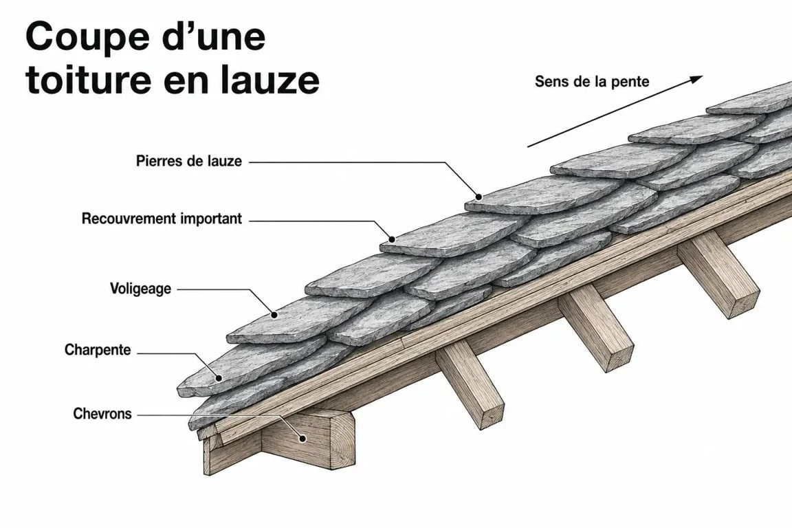 Schéma technique d'une toiture en lauze montrant la structure et la pose des pierres