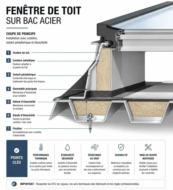 Schéma technique d'installation d'un velux sur bac acier avec costière