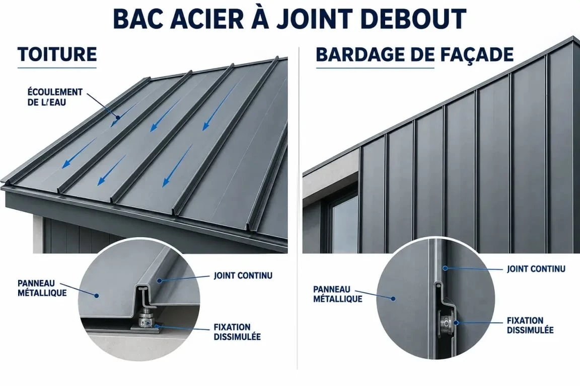 Schéma du bac acier joint debout en toiture et en bardage