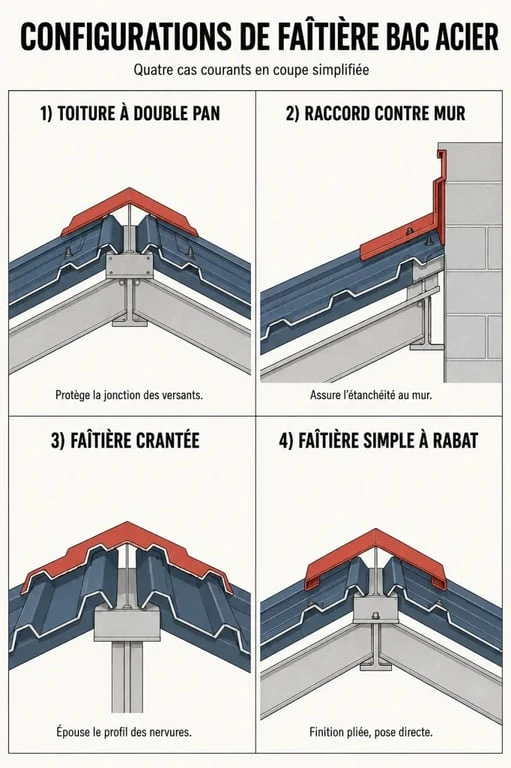 Infographie des différents types de faîtière bac acier selon la configuration de toiture