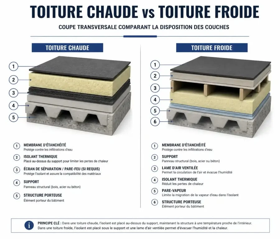 Schéma technique comparant la structure d'une toiture chaude et d'une toiture froide pour un toit plat