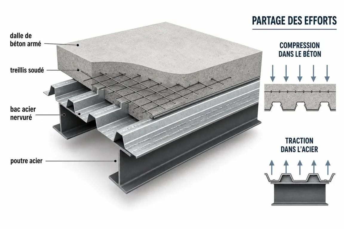 Plancher collaborant bac acier en coupe avec béton armé et répartition des efforts