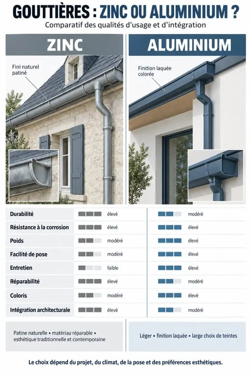 Infographie comparative gouttière en zinc ou en alu selon la durabilité, la corrosion, la pose et l’esthétique