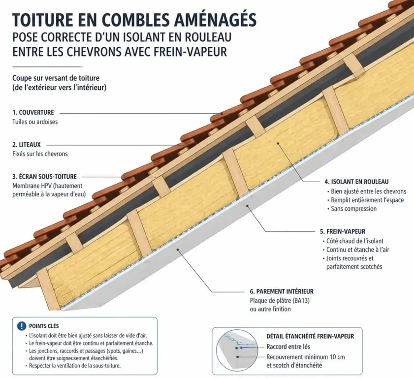 Schéma de pose d'une isolation thermique en rouleau sous toiture