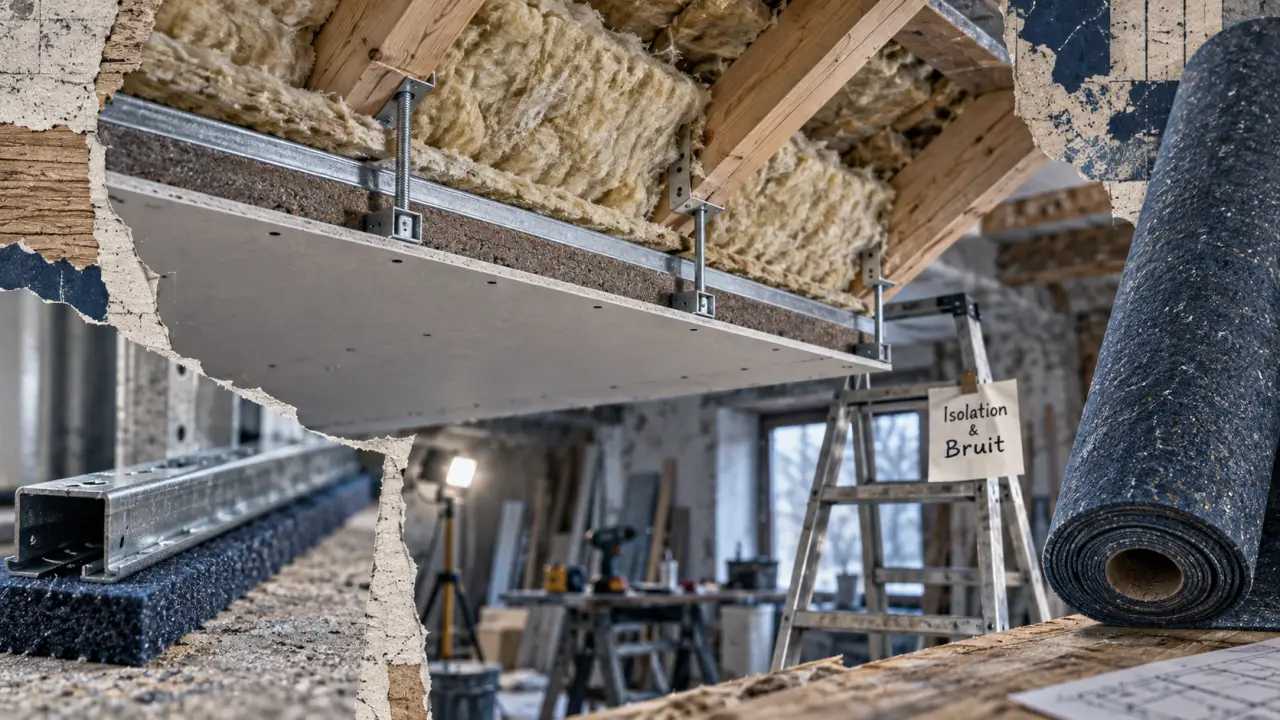 Isolation thermique et phonique en chantier : laine, faux plafond phonique