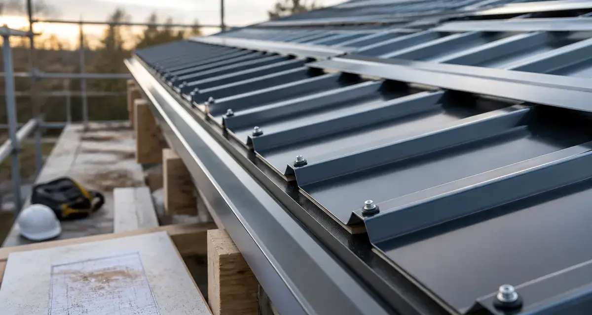 Technique toiture bac acier : bac acier vissé sur pannes bois, vis et rondelles EPDM visibles