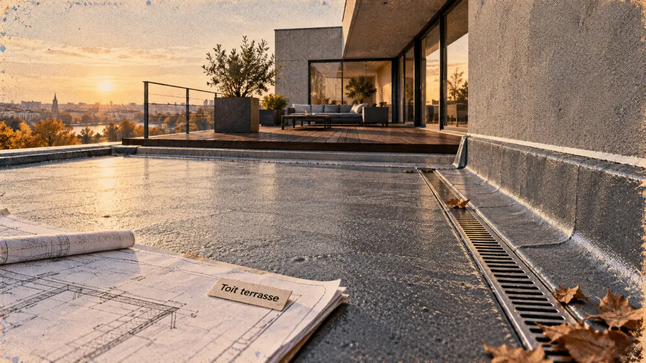 Toit terrasse : pente minimale vers évacuation linéaire et étanchéité