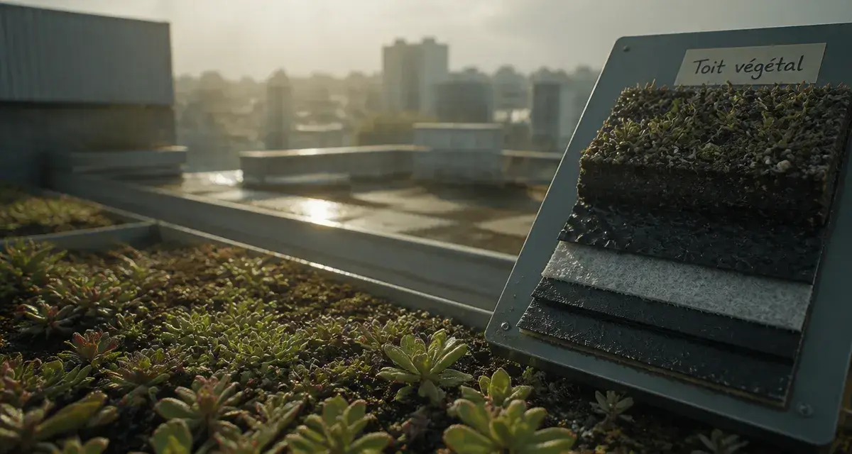 toit vegetal : vue toiture-terrasse avec coupe technique et gestion de l’eau