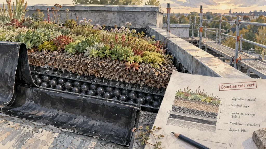 Toit végétalisé avant plantation : couches et substrat