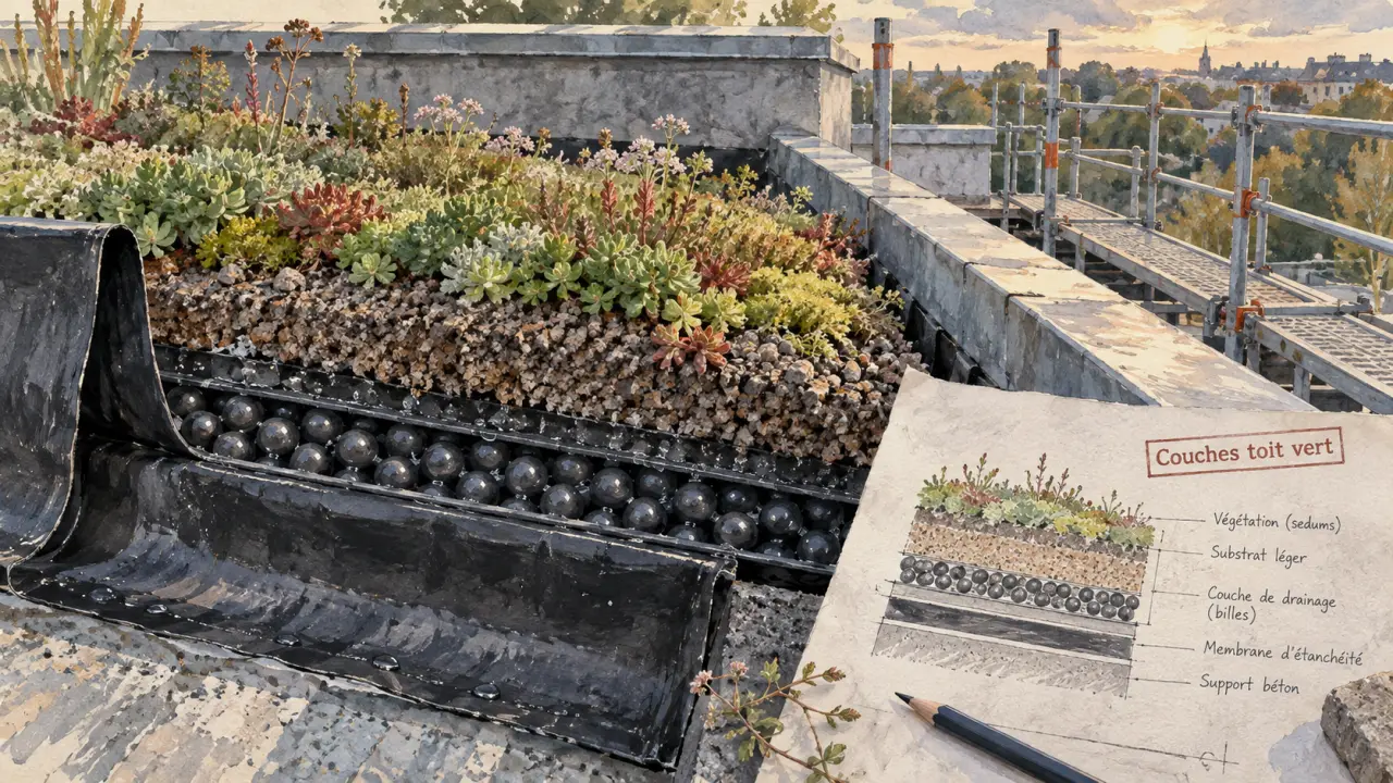 Toit végétalisé avant plantation : couches et substrat