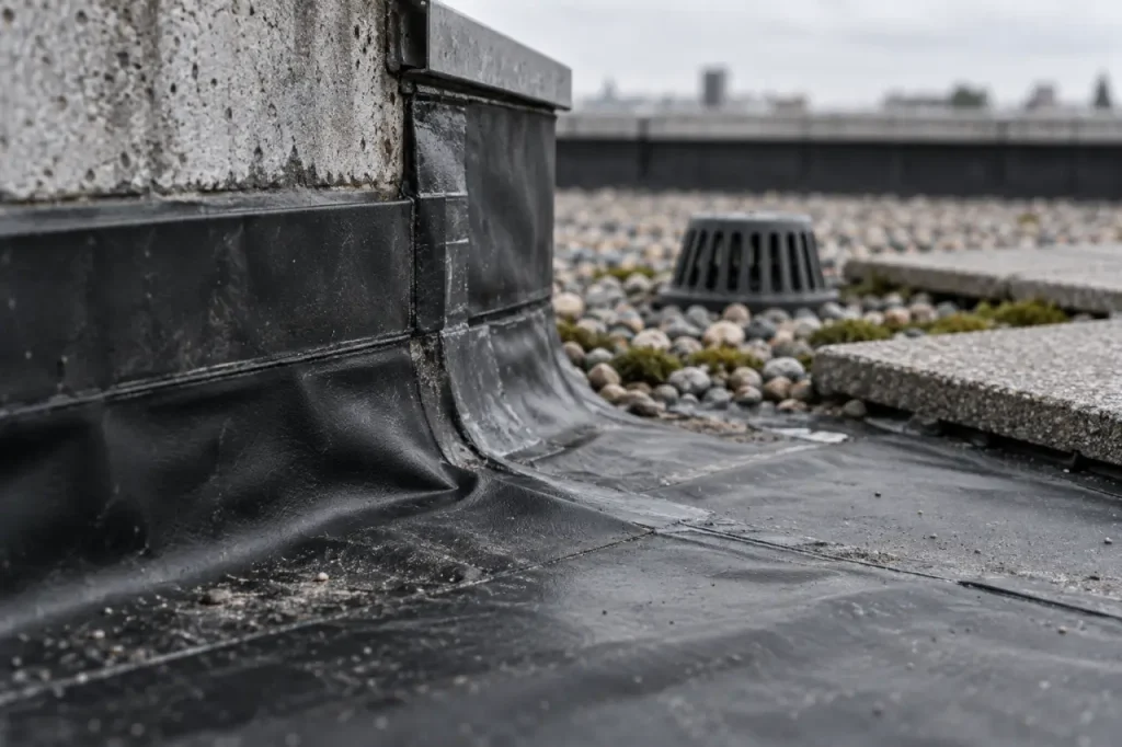 Toiture plate étanchéité : membrane EPDM et relevé contre acrotère