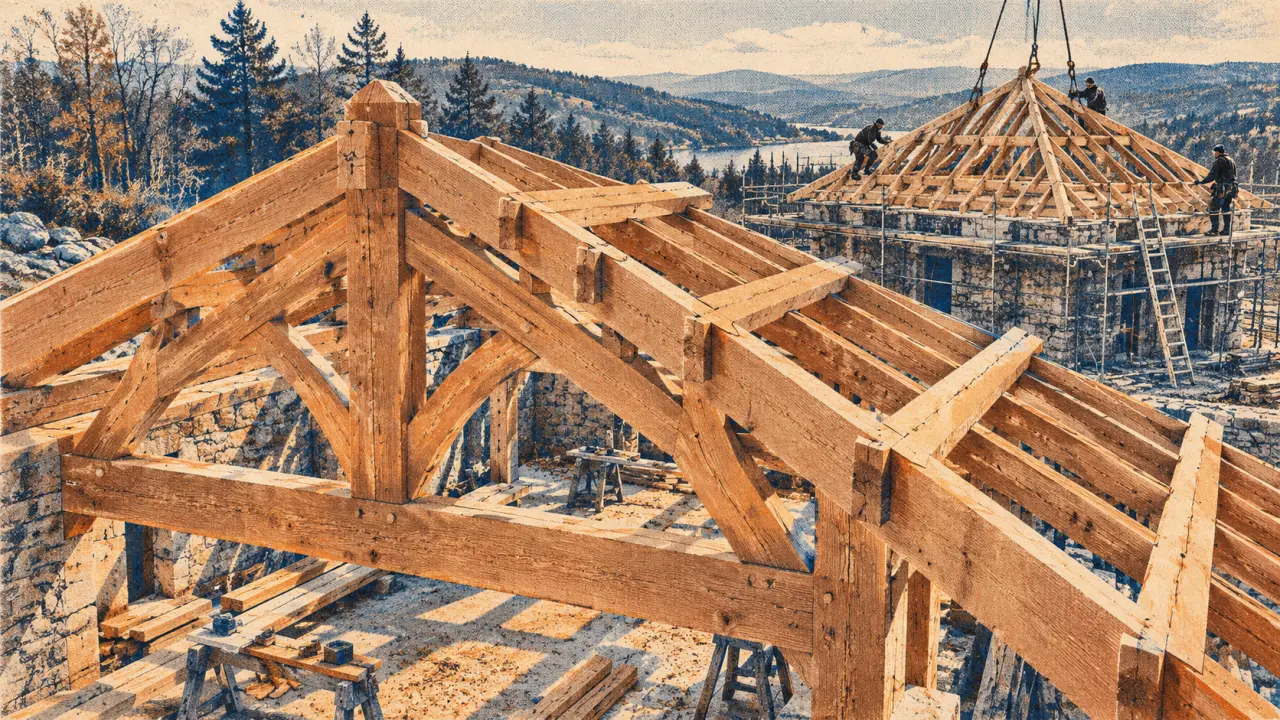 Charpente 4 pans traditionnelle en chantier, ferme en bois et pannes