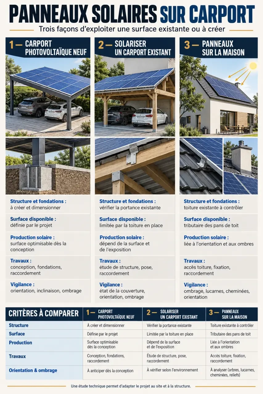 Infographie comparative sur les panneaux solaires sur carport et les principales solutions d’installation