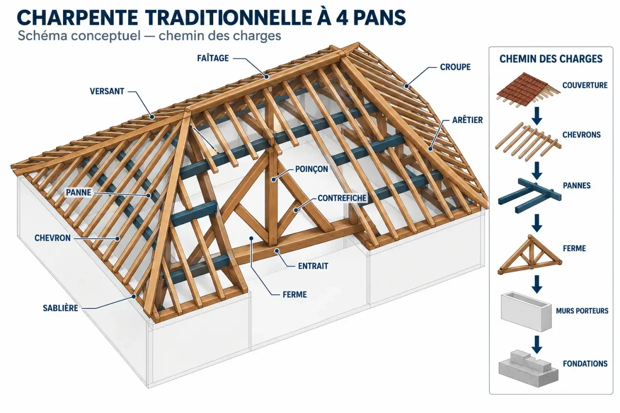 Schéma explicatif d’une charpente 4 pans traditionnelle avec fermes, pannes, arêtiers et chevrons