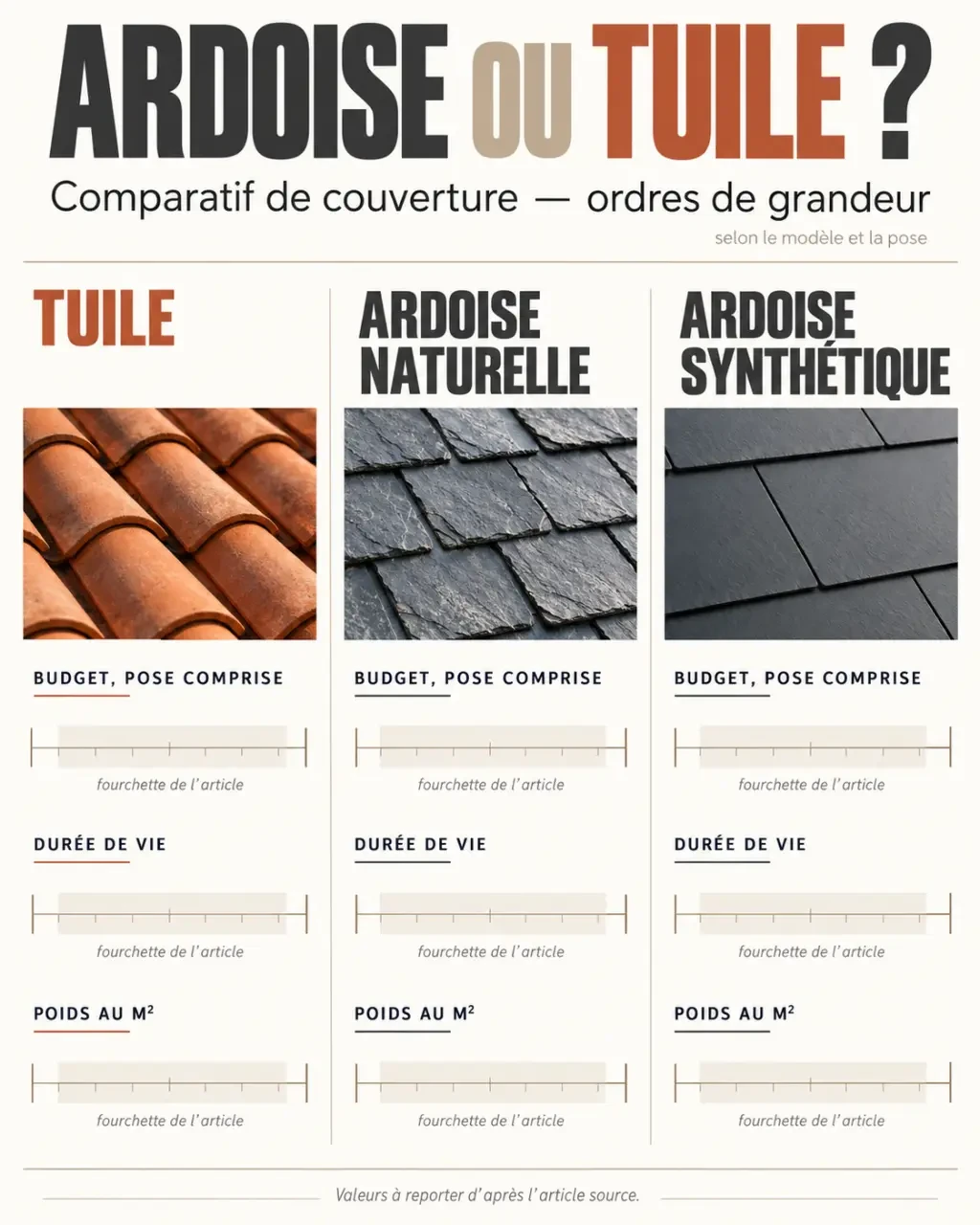 Infographie ardoise ou tuile comparant le prix, le poids et la durée de vie des couvertures