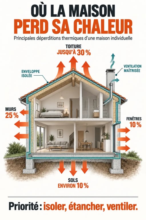 Rénovation énergétique : déperditions de chaleur par la toiture, les murs, les fenêtres et les sols