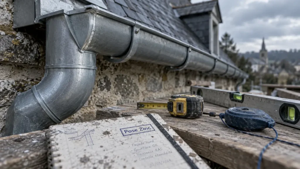 Poser une gouttière zinc : gouttière zinc sans soudure et pente 5 mm/m