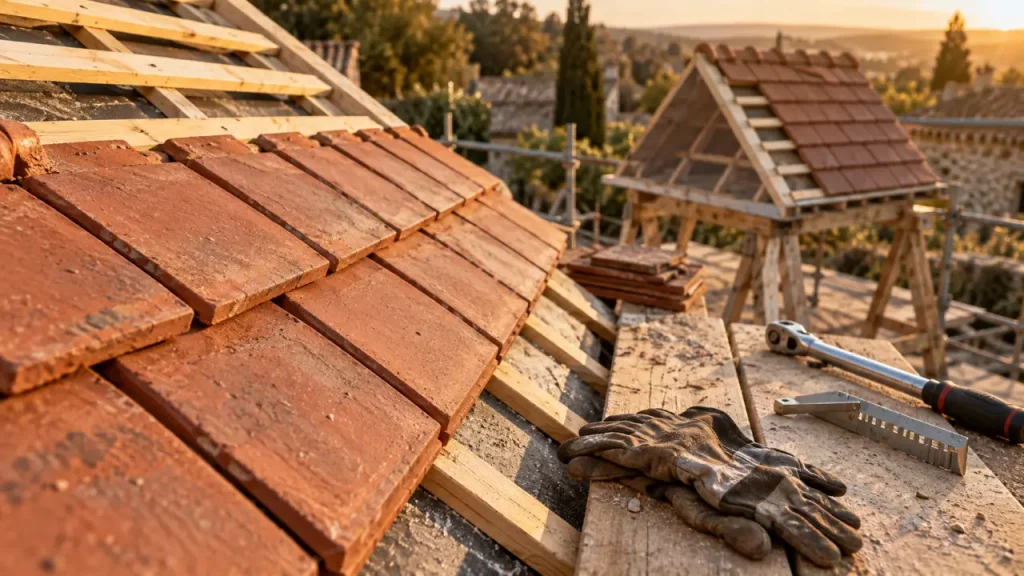 Toiture tuile plate : tuiles plates en terre cuite sur chantier